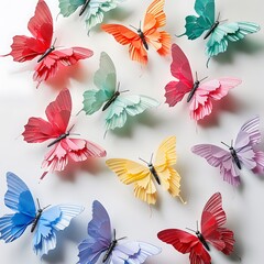 A colorful array of delicate paper butterflies, designed in a flying pattern for festive decorations..