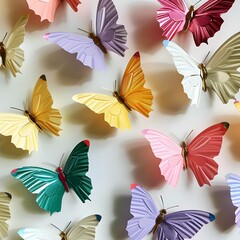 An arrangement of vibrant paper butterflies in a dynamic flying motif for holiday decor..
