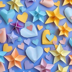 A whimsical design featuring delicate paper stars and hearts in vivid colors for festive decor.