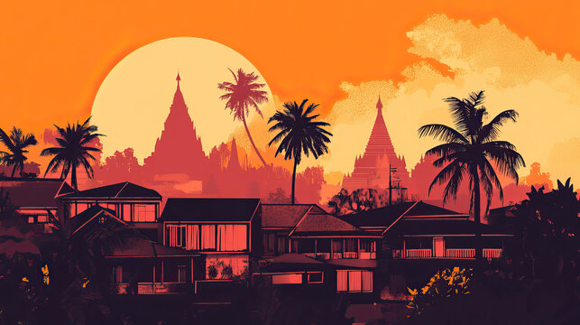 Risograph stencilled riso print travel poster, card, wallpaper or banner illustration, modern, isolated, clear, simple of Bago, Myanmar