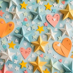 A delightful mix of paper stars and hearts in vibrant colors, creating a whimsical design for festive decorations.