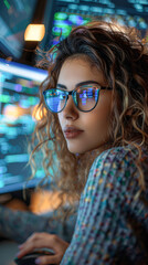 A woman with curly hair is wearing glasses and looking at a computer screen