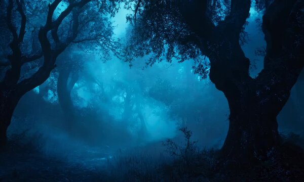 Misty, dark forest with eerie blue lighting and twisted trees