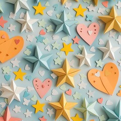 An enchanting arrangement of colorful paper stars and hearts, ideal for a whimsical festive decor.