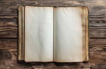 Livre ouvert avec des pages blanches posé sur une table en bois. Open book with blank pages on a wooden table.