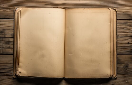 Livre ouvert avec des pages blanches pos&eacute; sur une table en bois. Open book with blank pages on a wooden table.