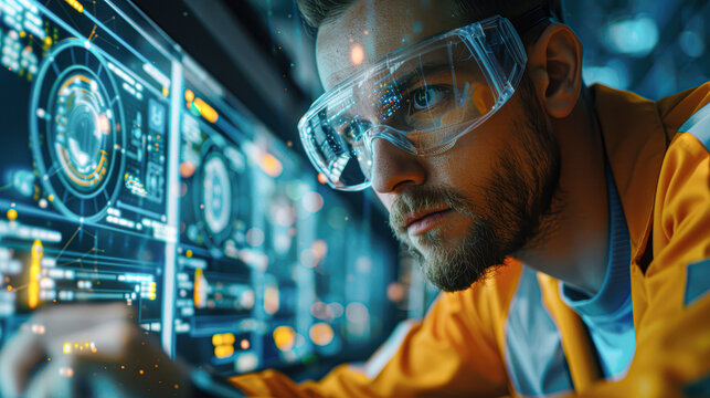 A man in a lab coat is wearing goggles and looking at a computer screen