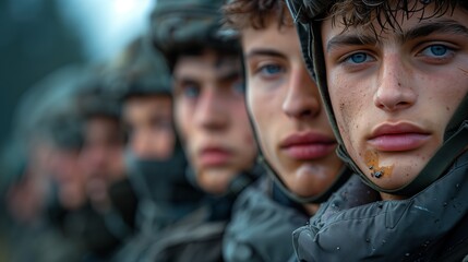 Obraz premium Young Soldiers Preparing for Training Exercises at Dawn in a Military Base