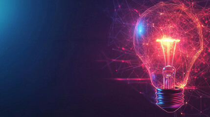 Abstract glowing light bulb with colorful glow lines and geometric shapes on a dark background, symbolizing innovative ideas and AI technology for digital marketing and business innovation in the futu