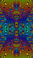 Waves psychedelic trippy colorful pattern, vibrant gradient colors orange, blue, turquoise violet. Symmetrical motley hippie abstract vector background with many intricate wavy.