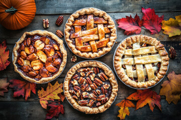 Variety of traditional homemade autumn pies, pumpkin, apple and pecan on a rustic background, overhead shot