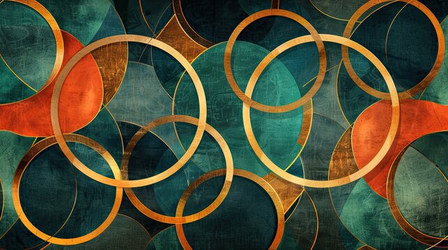 An intricate pattern of interlocking circles and lines in shades of gold, teal, and coral, creating a mesmerizing effect