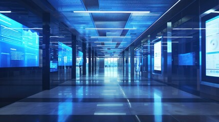 Fototapeta premium Digital information screens in a bank lobby.