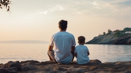 A father and son in matching white t-shirts sit on the beach, gazing at the ocean. Ideal for family and vacation themes, with space for mockup designs. Peaceful and heartwarming scene