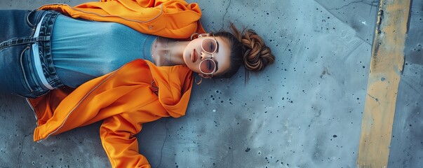 A young woman in a blue shirt and orange jacket lies on a concrete floor.