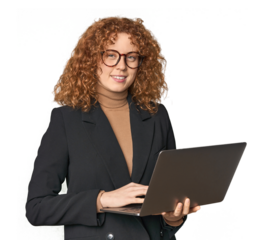 Young Caucasian redhead businesswoman with laptop happy