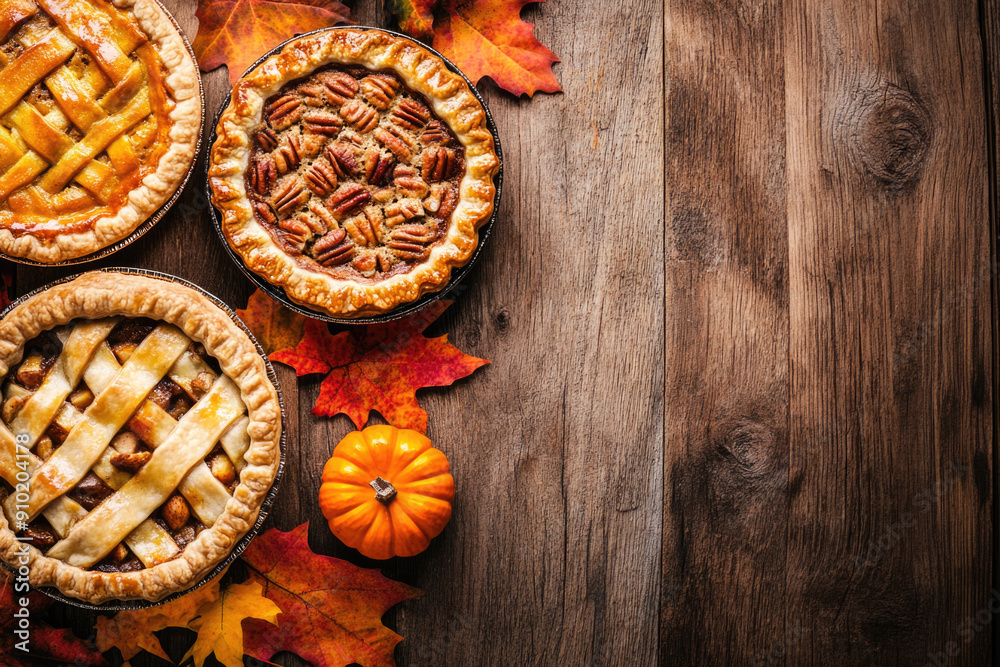 Wall mural variety of traditional homemade autumn pies, pumpkin, apple and pecan on a rustic background, overhe