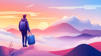 A man with a backpack and suitcase stands on a mountaintop, gazing at the sunset over a misty valley.  He's ready for a new adventure.