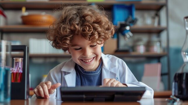 Happy boy in a science lab, watching an educational video on his tablet.