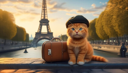 joli chat roux en voyage avec ville de paris en arrière plan avec petit béret noir baguette de pain et petite valise de voyage à la tour Effel