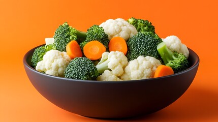 hyper real photography, bowl of broccoli, cauliflower and crinkle cut carrots, freshly steamed, fresh vegetables, mixed vegetables, orange background 