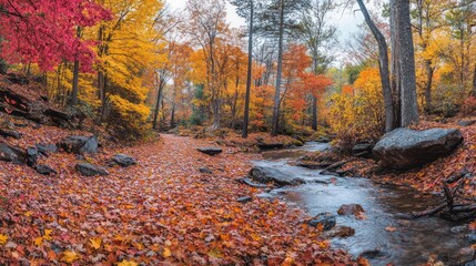 Naklejka premium Autumn forest with vibrant, colorful foliage.