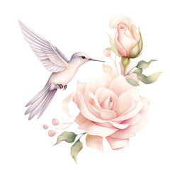 Obraz premium Elegant illustration of a hummingbird in flight next to delicate pink roses and green leaves. Ideal for floral and nature-themed designs.