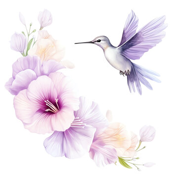 recommend clip art: Beautiful illustration of a purple hummingbird hovering near pastel flowers on a white background.