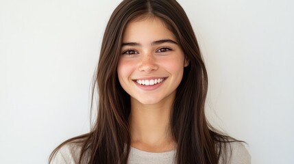 Naklejka premium Charming young woman with a radiant smile and long straight brown hair, head and shoulders portrait set against a clean white background