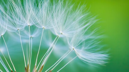 Close-up of a dandelion seed head with blurred green background, highlighting the airy white seeds and their delicate features