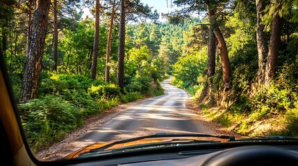 Obraz premium Winding asphalt path cuts through vibrant autumn woods, offering scenic countryside escape