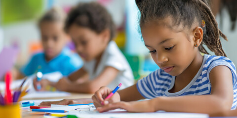 Fototapeta premium Cute children drawing with colorful pencils at a daycare. Creative kids painting at school.