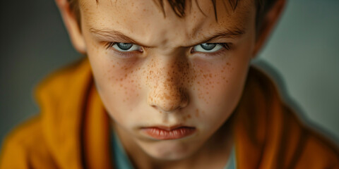 Angry annoyed child looking at the camera. Irritated displeased kid in a living room.