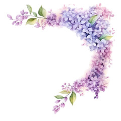 Beautiful floral frame of lilac and purple flowers with green leaves, perfect for invitations and decorative designs.