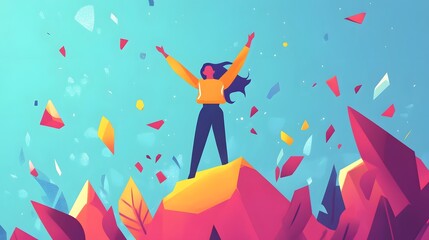 A woman stands triumphantly on a rocky peak, arms raised in celebration as confetti rains down around her.
