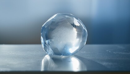 A spherical ice cube with crystal-clear transparency, resting on a metal surface with a soft 