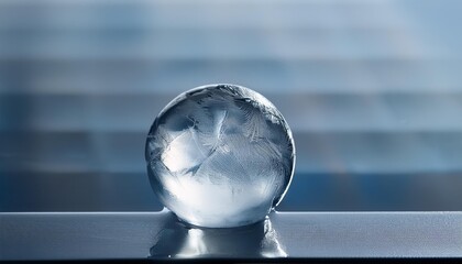 A spherical ice cube with crystal-clear transparency, resting on a metal surface with a soft 
