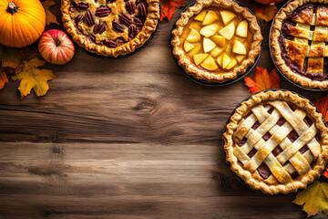 Variety of traditional homemade autumn pies, pumpkin, apple and pecan on a rustic background, overhead shot