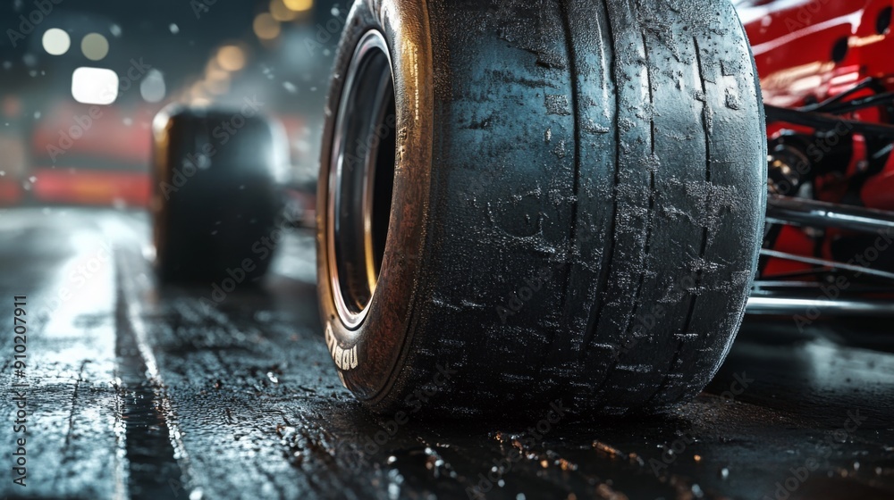 Poster close-up of slick racing tires on a damp track, illuminated by lights, capturing the excitement of a