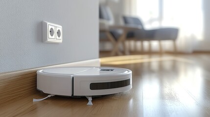 Close-up view of a white robotic vacuum cleaner charging from an electrical outlet, base positioned on a wooden laminate surface