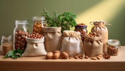 An assortment of zero waste grocery items spread out on a wooden table, including cloth bags