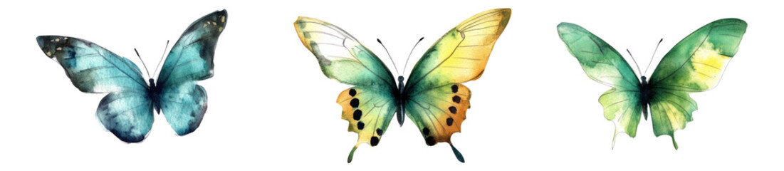 Fototapeta premium set of beautiful blue green yellow Butterflys isolated on white or transparent