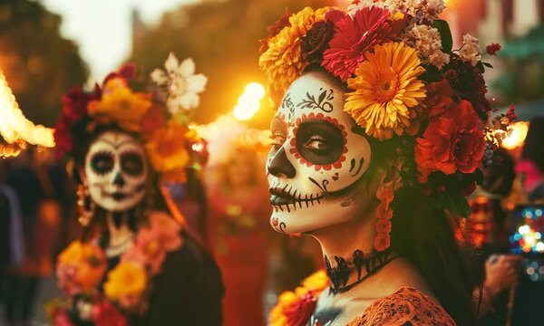 Women with face paint, flower crowns, celebrating vibrant cultural event