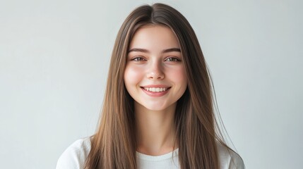 Naklejka premium Cute young woman with a charming grin and long straight brown hair, head and shoulders portrait against a white background