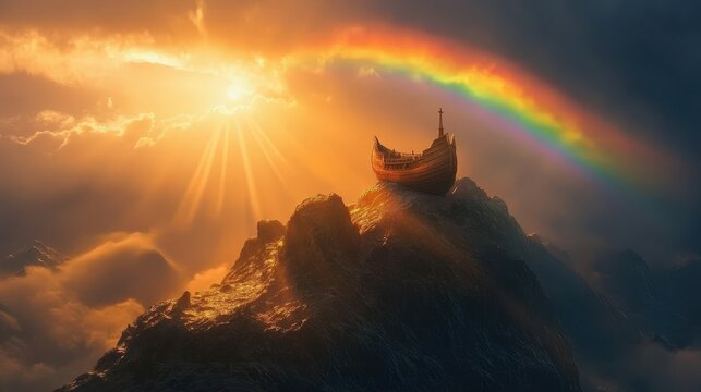 Hopeful Image of a Rainbow Arching Over Noah's Ark on Mountaintop &ndash; Symbolic Biblical Scene