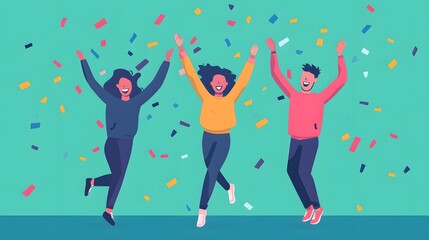 Three friends celebrate with confetti, jumping in the air and raising their arms.