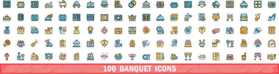 100 banquet icons set. Color line set of banquet vector icons thin line color flat on white
