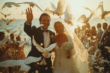Joyful Newlyweds Celebrate Their Marriage While Releasing Doves at Sunset Beach Ceremony