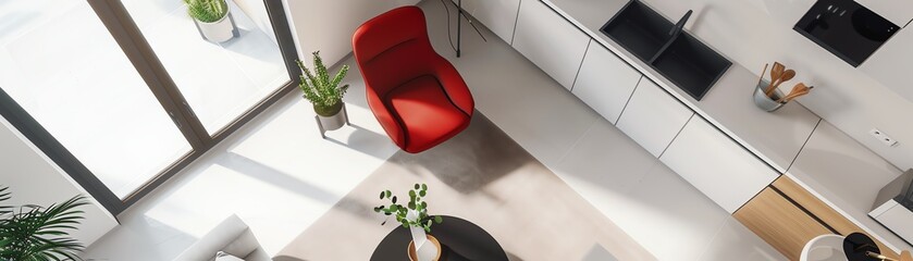 Top view of a modern kitchen with a red chair and plants.