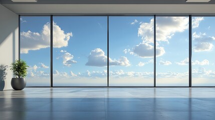 Floor-to-ceiling windows providing a picturesque view of the sky and cloud patterns outside, creating a serene and open environment